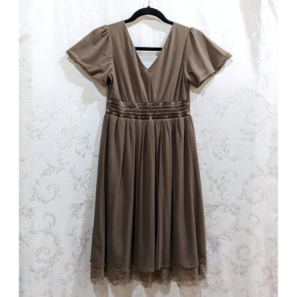 Vintage Peekaboo Lace Floral Beaded Empire Waist Chiffon Dress S Prom Balletcore - Picture 2 of 8